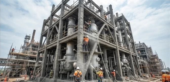Aplicación de mortero ignífugo en estructura industrial